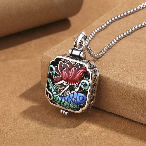 Buddha Stones Koi Fish Lotus Copper Coins Luck Ghau Prayer Box Necklace Pendant