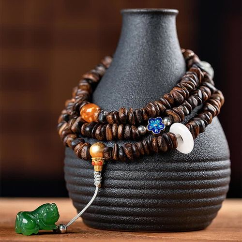 Goforrich 108 Mala Beads 925 Sterling Silver Brunei Agarwood Red Agate PiXiu Hetian Jade Peace Strength Bracelet