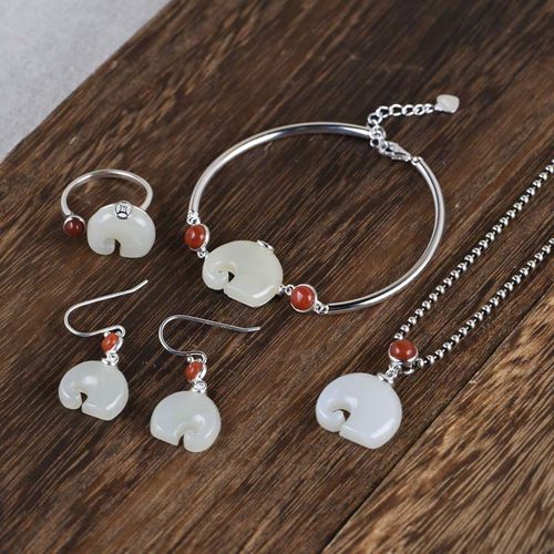 Goforrich 925 Sterling Silver Elephant Hetian Jade Abundance Necklace Pendant Bracelet Ring Earrings Set