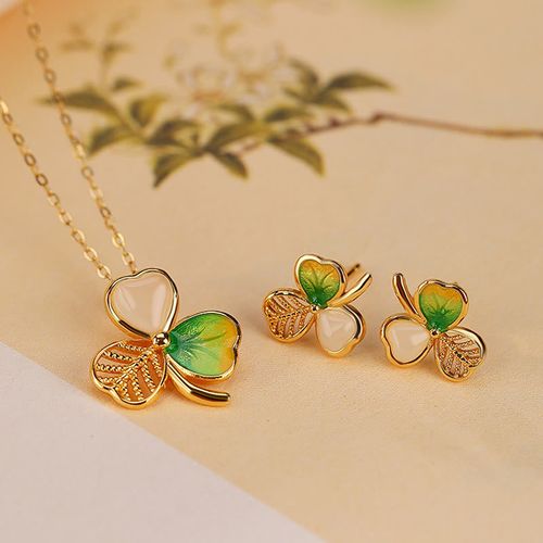 Goforrich 925 Sterling Silver Plated Gold Hetian Jade Luck Shamrock Clover Necklace Pendant Earrings