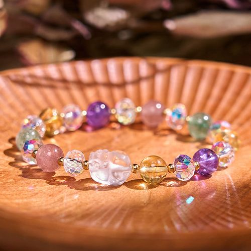 Goforrich PiXiu White Crystal Citrine Green Strawberry Quartz Amethyst Luck Bracelet