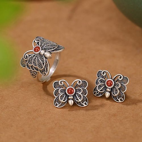 Goforrich 925 Sterling Silver Red Agate Butterfly Self-acceptance Ring Earrings Set