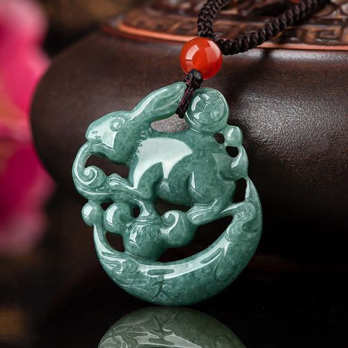 Year of the Rabbit Jade Luck Crescent Mooon Necklace Pendant