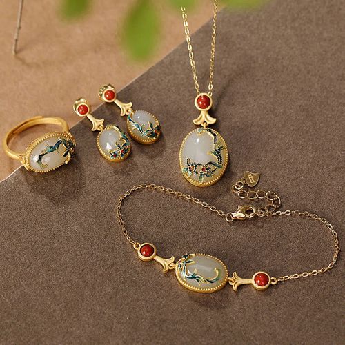 Goforrich 925 Sterling Silver Plated Gold Hetian Jade Vine Luck Necklace Pendant Bracelet Ring Earrings