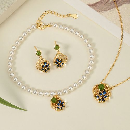 Goforrich 925 Sterling Silver Four Leaf Clover Flower Hetian Cyan Jade Pearl Healing Necklace Pendant Bracelet Earrings Set