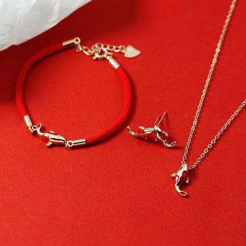 Goforrich Copper Koi Fish Wealth Necklace Pendant Red Rope Bracelet Earrings Set