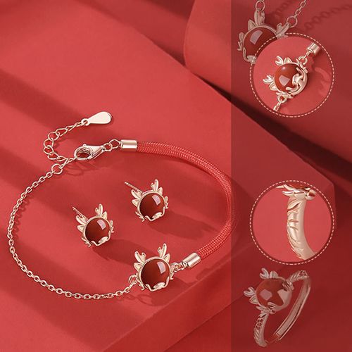 ❗❗❗A Flash Sale- Goforrich 925 Sterling Silver Year of the Dragon Cinnabar Red Agate Dragon Protection Bracelet Necklace Pendant Earrings Ring