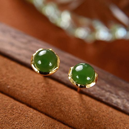 Goforrich 925 Sterling Silver Plated Gold Natural Hetian Cyan Jade Bead Luck Stud Earrings