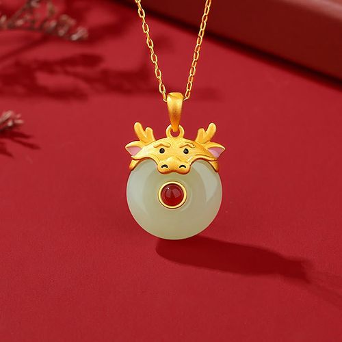 Buddha Stones 925 Sterling Silver Hetian Jade Chinese Zodiac Year of the Dragon Red Agate Luck Protection Necklace Pendant