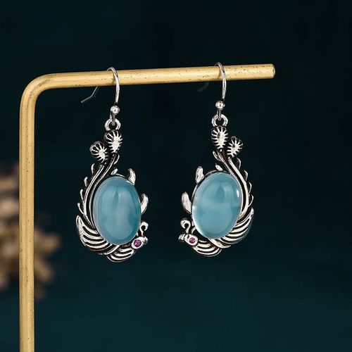 Goforrich 925 Sterling Silver Posts Blue Chalcedony Koi Fish Balance Vitality Earrings