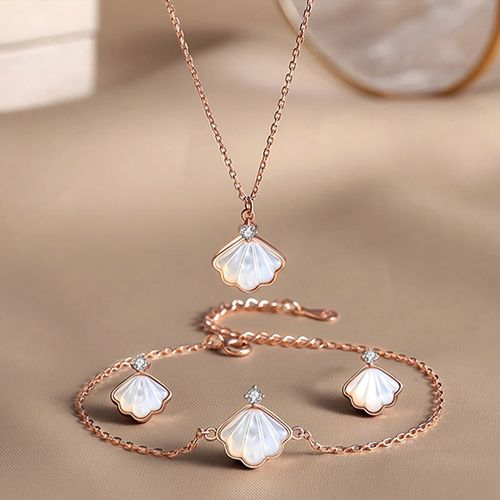 Goforrich 925 Sterling Silver Tridacna Stone Shell Blessing Necklace Pendant Bracelet Earrings Jewelry Set