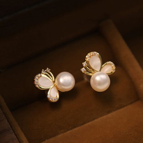 Goforrich 925 Sterling Silver Posts 18K Gold Plated Copper Natural Pearl Butterfly Zircon Healing Stud Earrings