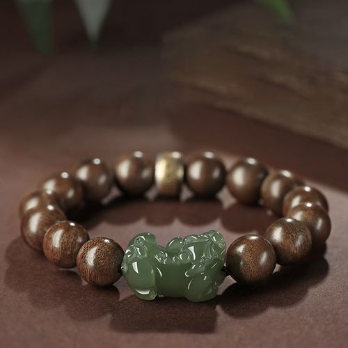 Goforrich 925 Sterling Silver Brunei Agarwood PiXiu Jade Peace Strength Bracelet