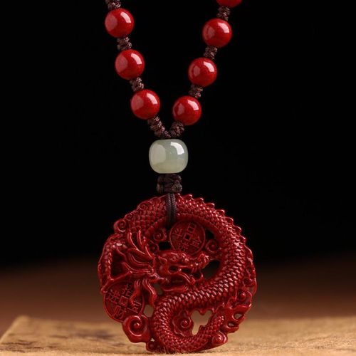 Buddha Stones Year Of The Dragon Natural Cinnabar Hetian Jade Bead Copper Coin Attract Wealth Strength Necklace Pendant