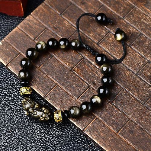 Goforrich Natural Gold Sheen Obsidian PiXiu Om Mani Padme Hum Wealth Braided Bracelet