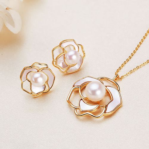 Goforrich 925 Sterling Silver Pearl Camellia Pattern Happiness Necklace Pendant Earrings