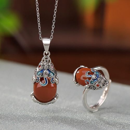 Goforrich 925 Sterling Silver Red Agate Copper Coins PiXiu Protection Ring Necklace Pendant Set