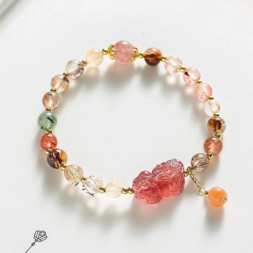 Goforrich Natural Rutilated Quartz Strawberry Quartz PiXiu Wealth Bracelet