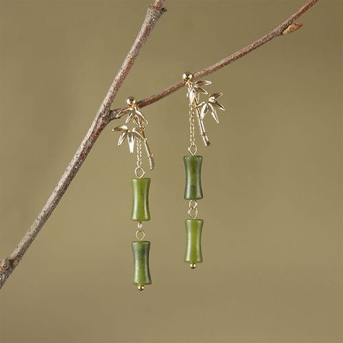 Goforrich 925 Sterling Silver Posts Copper Plated Gold Natural Peridot Bamboo Leaf Drop Earrings