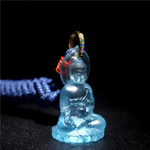 Buddha Stones Blue Tathagata Buddha Medicine Buddha Liuli Crystal Serenity Amulet Necklace Pendant