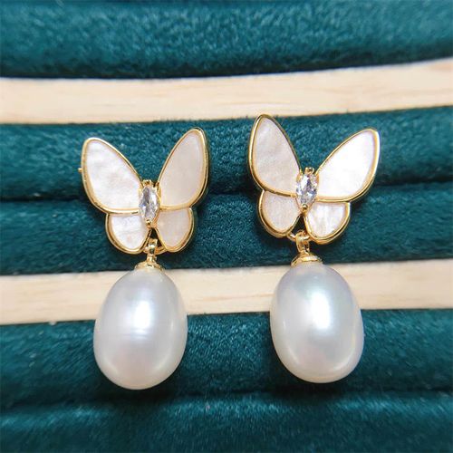 Goforrich 925 Sterling Silver Posts 18K Gold Plated Copper Pearl Butterfly Optimism Stud Earrings