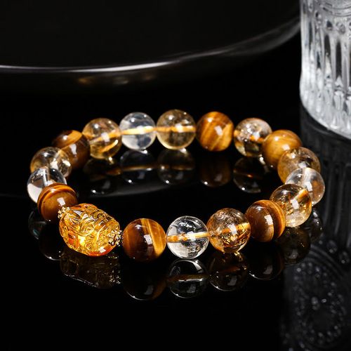 Goforrich Natural Yellow Tiger Eye Citrine Beeswax Pixiu Strength Bracelet