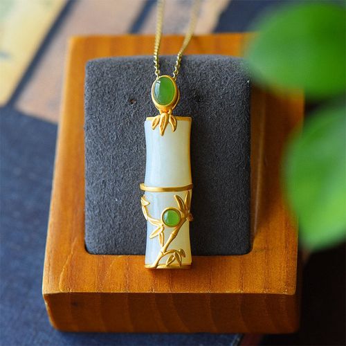 Buddha Stones White Jade Cyan Jade Bamboo Protection Necklace Pendant