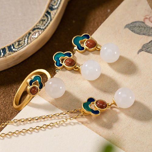 Goforrich 925 Sterling Silver Plated Gold Natural Hetian White Jade Auspicious Clouds Luck Necklace Pendant Ring Earrings Set