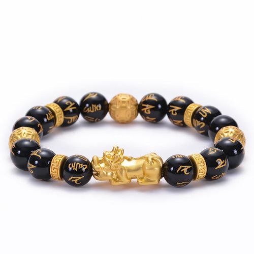 Goforrich Black Obsidian Black Onyx Alloy PiXiu Om Mani Padme Hum Strength Bracelet