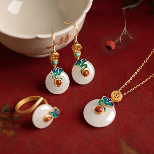 Goforrich Jade Copper Coins Auspicious Clouds Prosperity Necklace Pendant Bracelet Ring Earrings