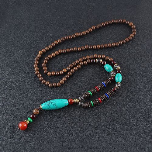 Buddha Stones Wenge Wood Turquoise Stone Protection Calm Necklace Pendant