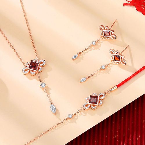 Goforrich 925 Sterling Silver Chinese Knotting Red Zircon Wealth Necklace Pendant Bracelet Earrings Set