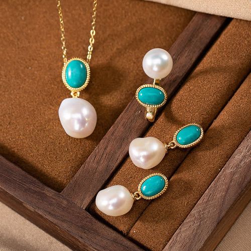 Goforrich 925 Sterling Silver Pearl Turquoise Healing Ring Earrings Necklace Pendant