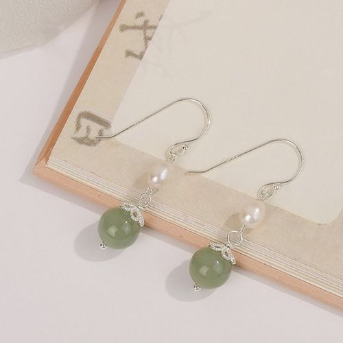 Goforrich 925 Sterling Silver Natural Pearl Jade Wisdom Earrings