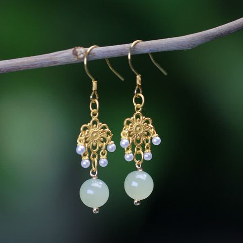 Goforrich Hetian Jade Flower Pattern 14K Gold Plated Luck Drop Dangle Earrings