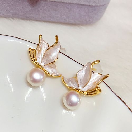 Goforrich 925 Sterling Silver Posts Copper Plated Gold Natural Pearl Bead Butterfly Wisdom Stud Earrings