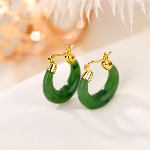 Goforrich 925 Sterling Silver Plated Gold Natural Round Hetian Cyan Jade Luck Drop Earrings