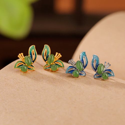 Goforrich 925 Sterling Silver Plated Gold Natural Cyan Jade Butterfly Luck Healing Earrings