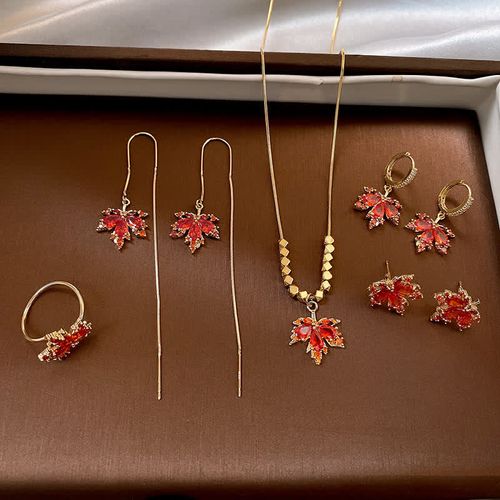 Goforrich Maple Leaf Zircon Luck Necklace Pendant Ring Earrings