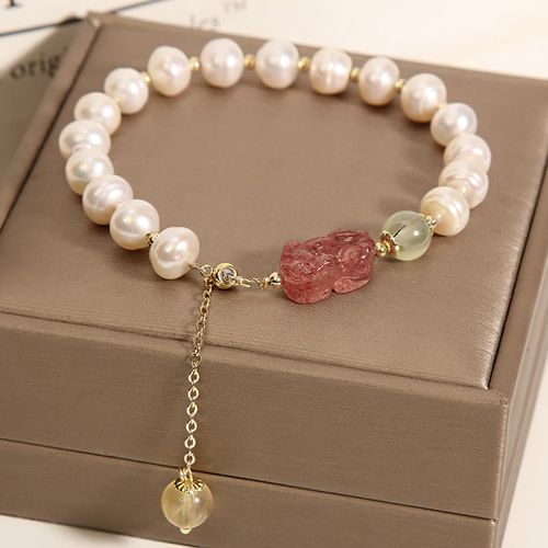 Goforrich Natural Pearl Strawberry Quartz PiXiu Optimism Charm Bracelet