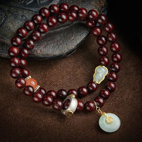 Goforrich Chinese Zodiac Natal Buddha Small Leaf Red Sandalwood Jade Red Agate PiXiu Sooth Bracelet