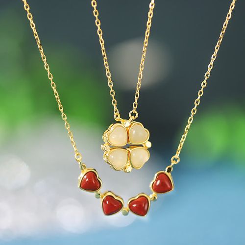 Buddha Stones 925 Sterling Silver Four Leaf Clover White Jade Red Agate Abundance Necklace Pendant