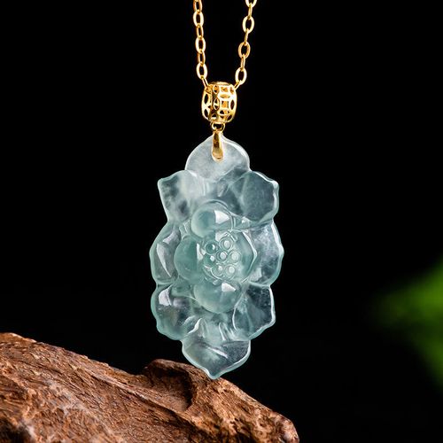 Buddha Stones 18K Gold Natural Jade Lotus Pattern Prosperity Necklace Pendant