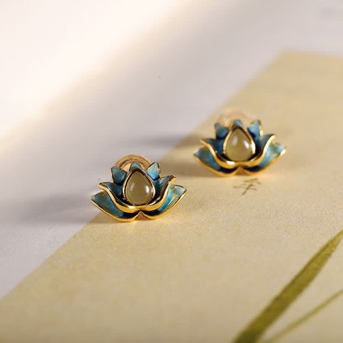 Goforrich 925 Sterling Silver Hetian Cyan Jade Lotus Flower Success Earrings