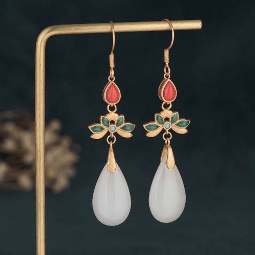 Goforrich FengShui White Jade Luck Drop Earrings