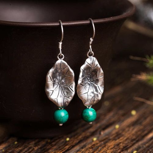 Goforrich 925 Sterling Silver Turquoise Lotus Leaf Protection Drop Dangle Earrings