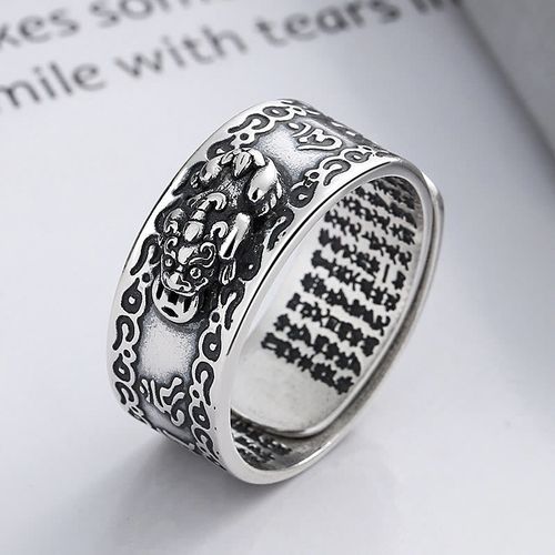 Goforrich 925 Sterling Silver PiXiu Scripture Carved Wealth Adjustable Ring