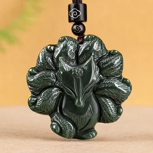 Buddha Stones Hetian Cyan Jade Nine Tailed Fox Luck Necklace String Pendant