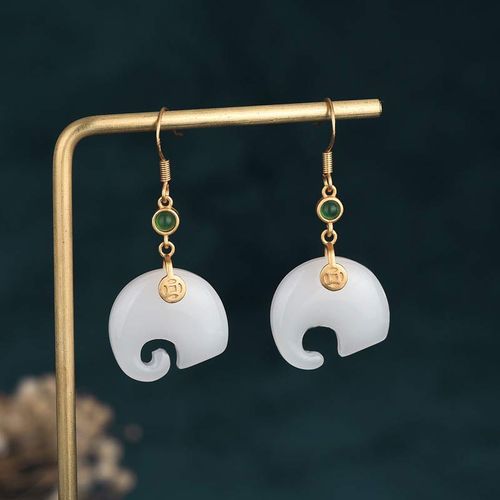 Goforrich FengShui Elephant White Jade Fortune Earrings