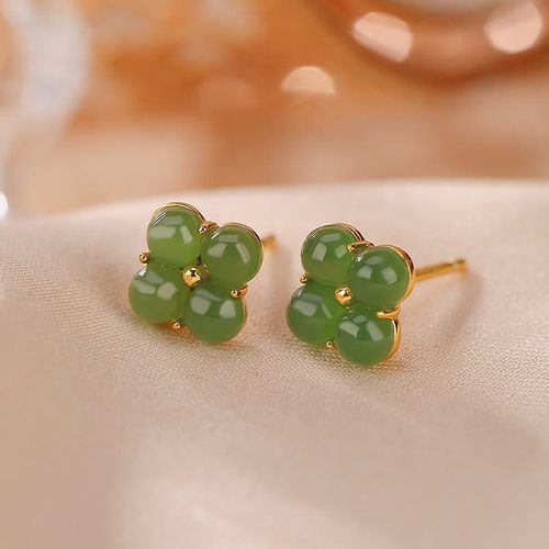 Goforrich 925 Sterling Silver Plated Gold Natural Cyan Jade Four Leaf Clover Luck Stud Earrings